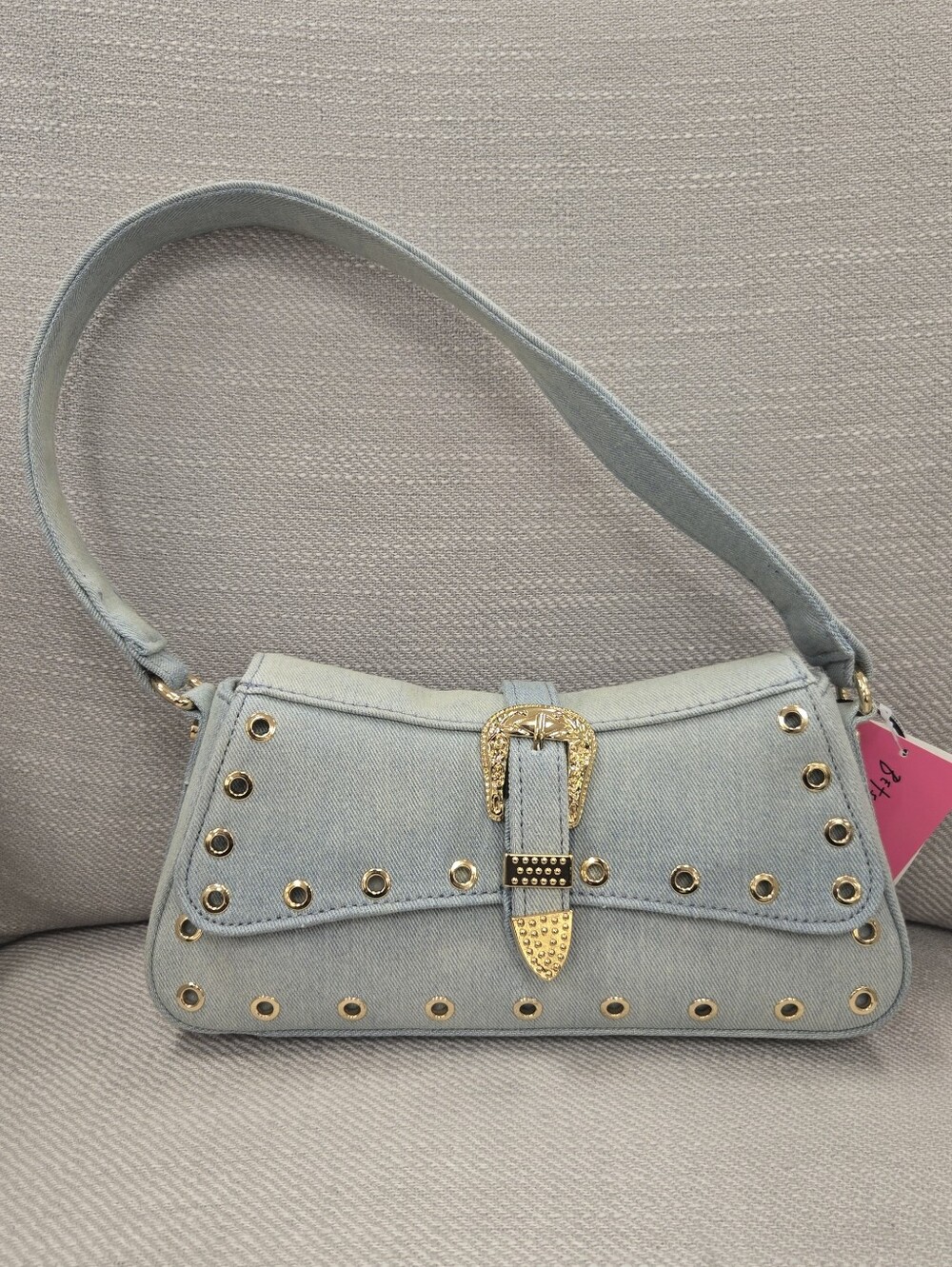 Betsey Johnson Light Blue Denim Shoulder Bag with Gold Buckle